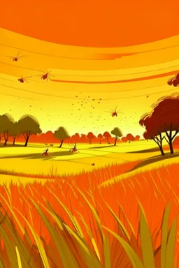 Rice field，Trees，Warm color palette，Animation，Fried grasshopper，A lovely grasshopper