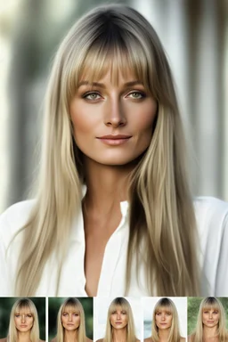 realistic stock photo, Realism engine, General Fast V2 (Flux), Create a realistic image of an 18-year-old Bo Derek with long, straight blonde hair, the bangs cut straight across the forehead, hazel eyes, a plump chest, Professional Photograph in the style of Ansel Adams, 4k, 8k, 16k, 32k. 100k UHD