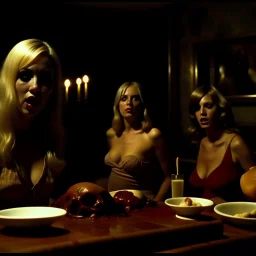 Horror movie shot, spooky, hot, ultra realistic, hot dine, ultra realistic hot blonde women, hot party, pieces of meat, they enjoy, organs, ail, dynamic, very excited hot people, hypermaximalist figures, light, 1970's Italian horror movie, sinister,, Dario Argento, Stanley Kubrik, ornate, 4k, photorealism