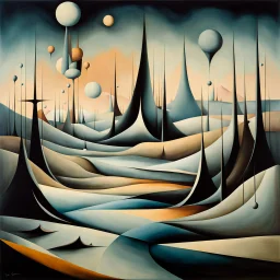 Genera un paesaggio surreale nello stile di Yves Tanguy, con forme organiche e geometriche astratte. Usa colori tenui e contrastanti, creando un senso di mistero e introspezione con ombre morbide e luci delicate.