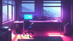 Dimly lit gaming room, with a messy bed and a single desk with a gaming PC, two monitors on the desk, gaming chair, bed is in the background under a window, the room is filled with neonlights, night time, atmospheric, detailed.