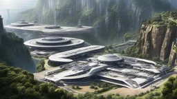 Many spaceliners docked at a huge busy spaceport, with gantries and walkways, setting into the side of a huge cliff, trees, vines and plants, Star Wars, Star Trek