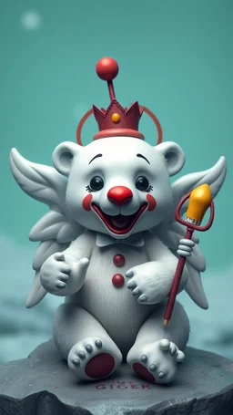 polar bear clown angel, in the style of giger, expertly crafted in a whimsical and vibrant cartoon style. is masterfully rendered in a lifelike 3D design, which captivates viewers with there irresistible charm.