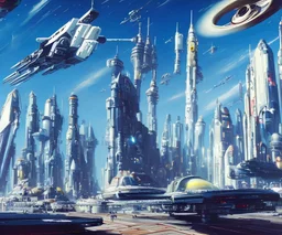 Spaceport on a heavy industrialized planet with a vibrant city in the background and a starting spaceship in the foreground, art by John Berkey, buildings with glass facades, insanely detailed, vibrant, 8k uhd, cinematic atmosphere, ultra-wide angle, street level view, brush strokes, blue sky with clouds, sharp focus