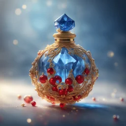 Golden round perfume bottle with a blue crystal cap and small red decorations. Illustrative art, art interpretation, concept art, cgsociety contest winner, seasonal art, seasonal art HD, 4k, 8k, intricate, detailed, intricately detailed, luminous, translucent fantasy crystal, holographic data, soft body, shadow play, light, fog, atmospheric, cinematic, light film, hyper-detailed, hyper-realistic, masterpiece, atmospheric, high resolution, 8k, HDR, 500px, mysterious and artistic digital art, phot