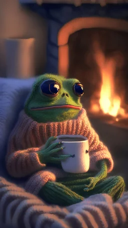 a tiny pepe the frog sipping tea wearing a cozy knit sweater by the fireplace