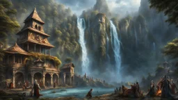 Ancient Zombies destroying town at the foot of a 3.000 feet high waterfall. fantasy setting, horror. exquisite realism, a masterpiece, fantasy concept art, dynamic lighting, hyperdetailed, intricately detailed, deep color, Unreal Engine, volumetric lighting, Epic cinematic brilliant stunning intricate meticulously detailed dramatic atmospheric maximalist digital matte painting