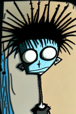 2d drawing of a stickman, cool with punk hair, x eyes like in hangman, standing, slightly bended over and looking back into the camera, close-up ,3d realistic in colour