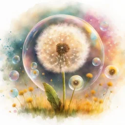 Create a watercolor and chalks painting, whimsical painterly fantasy art, a single large dandelion plant including appropriate leaves at the base of the stem, the head of the dandelion surrounded by a transparent bubble, the dandelion has gone to seed, paint splatter overlay, intuitive pastel colors, soft yellow meadow sprinkled with dandelions and small transparent bubbles in background, add reflections to the bubbles, watercolor and chalk style.