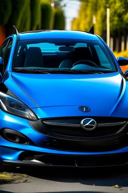 eine schwarze katze fährt einen blauen mazda 2 von 2016