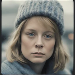 Jodie foster, sad,in the metro in the style of a polaroid, , blue, Grey, beige,orange, with a knitted hat, eyes closed