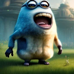 pixar style, volumetric summer apocalyptic environment and background, realistic painting of a mutant Minion, smiling, detailed digital painting, extreme dense and fine fur, anime, ornate, colour-washed colors, elegant, small minutiae, tiny features, particulars, centered, smooth, sharp focus, renderman gofur render, 8k, uhd, detailed eyes, realistic shaded volumetric lighting, sunlight caustics, backlight, centered camera view