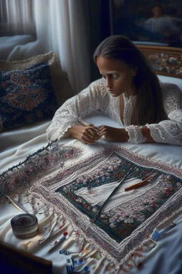 Hand sewn and embroidered Alicia Vikander, threads, sewing needles on a table on lace blanket in a luxury bedroom