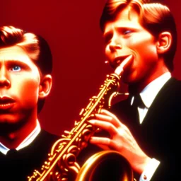 eyes closed REd-haired ron howard as richie from happy days Is playing the saxophone in a band with his "eyes closed", rock band, Saxophone lioa, looking at camera