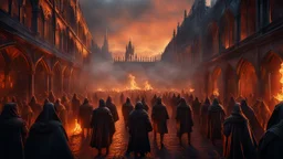 fire and shadows leading an army of the dead through a burning medieval city. the apocalypse. empty hands. blood. magic in the sky. fantasy setting. intense horror. blind terror. scared to death. a masterpiece, fantasy concept art, dynamic lighting, hyperdetailed, intricately detailed, deep color, Unreal Engine, volumetric lighting, Epic cinematic brilliant stunning intricate meticulously detailed dramatic atmospheric maximalist digital matte painting