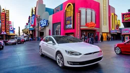 A Tesla's 'Model S Plaid' is racing at top speed, across the 'Universal Studios Hollywood', in Los Angeles. CINEMATIC. WIDE ANGLE LENS.