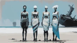 ((three)) determined cyberpunk women (wearing white khiton) standing in front of a boat wreck on a radioactive beach, acrylic painting, minimal art, centered, wild sparse brushstrokes, amazing verticals, great parallels, low bleak colors of gray, blue and black, excellent negative space contrasts