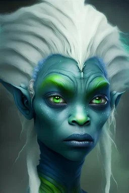 فضائية جميلة ببشرة زرقاء غامق وعينان كبيرتان ناعم وطويل بللون الأخضر وبالشعر الأبيض
