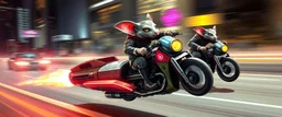 hi speed rocket ship on leaning scooter in a swing, coated rat gremlin captain in high speed pursuit among neon spy vs spy rat cyber soldiers, with background motion blur, airbrush and pen outline, in the style of Fallout 4 and Cyberpunk and GTA5