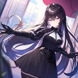 Clear focus,High resolution, Black long hair, Purple eyes, Wearing a black skirt, Wearing long black gloves