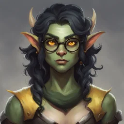 dnd, portrait of cute orc-elf hybrid femboy, black hair, curled hair, hair covering one eye, round glasses, tusks, yellow eyes, flat chest