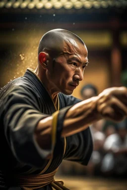 student hitting kung fu master in the jaw so sweat splashes the temple,shot on Hasselblad h6d-400c, zeiss prime lens, bokeh like f/0.8, tilt-shift lens 8k, high detail, smooth render, down-light, unreal engine, prize winning