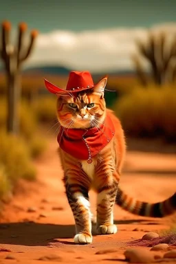 gato de colorado, caminando, vestido de cowboy, dentro de el lejano oeste. clima desértico, flora autóctona, estilo caricatura