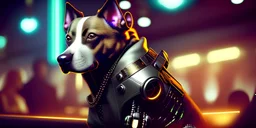 a friendly happy cyborg dog hybrid bounty hunter sitting in a nightclub. stylish & ultra detailed . hi-tech . natural tones