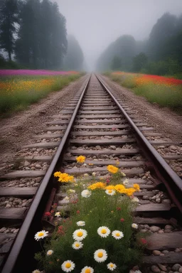 a train tracks in it a lot of colorful wild flowers , a train shows is coming forward , foggy, cloudy gray sky, and thunders , a dear legs sticks in the train tracks and can not move
