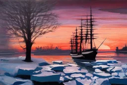 Amazing sunset, trees, ice, winter, ships, philip wilson steer impresionism painting