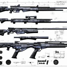 Full Blueprint sketch of modern rifle with full stock and scope