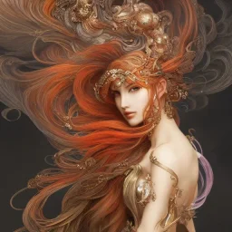 character render a goddess of fire, intricate, flowy, volcanic ash, lava as hair, smoke, intangiable, close-up, centered, Character concept by yoshitaka amano, herbert arnould olivier, alphonse mucha, Akihiko Yoshida, Hyung-tae Kim, alexander mcqueen. trending on Artstation