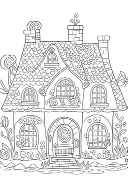 coloring page for 3 YEARs kids, , cartoon style, thick outline, low details, no shading, no color, Decorated gingerbread house..