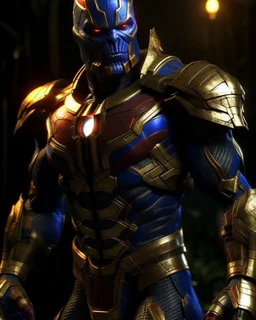 The combination of spider man and Thanos A brave warrior with a battle suit made of leather and robotic metal