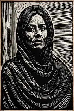 create an abstract, deeply powerful tragic and evocative, full body woodcut of a raw and weathered Palestinian female with highly detailed and deeply cut facial features, lost in a horrific post apocalyptic Gaza, in the style of KATHE KOLLWITZ , searing lines and forceful strokes