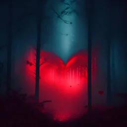 red fog in the forest at night with an electric heart