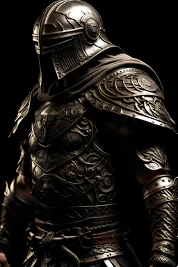 In the foreground, a formidable Celtic warrior commands attention with his commanding presence. Clad in meticulously crafted armor, the warrior exudes strength and resilience. The armor, intricately detailed, consists of overlapping metal plates, providing both protection and flexibility in battle. A flowing cloak, adorned with Celtic patterns, billows behind him, adding a touch of elegance to his formidable appearance. The warrior's face is obscured by a thick black and grey beard, framing a w