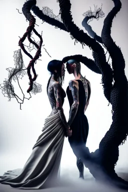 Multiple entanglements between a twisted thin piece of cloth as part of many twisted and spiraling branches disappearing into the distant mist, epic photo, 2 beautiful lovers are embracing, stunning tattoos that intwine with eachothers tattoos,sharp on highly detailed skin with wrinkles and high contrast, photorealistic, explosion of extacy,4K, 3D, realism, hyperrealism, detail, good lighting, detailed texture, modern photography style, 3D, 4D, 4K