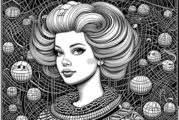 excessively back combed & shellacked big blonde beehive bouffant with braid across crown. miss piggy as barbie as daughter of Aquarius. black & white. contemporary depiction. monastic artistic tradition of high contrast line drawings on acid etched metal plates/printmaking