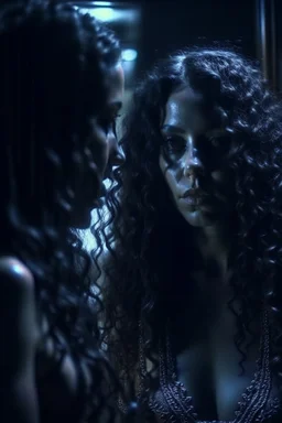 Close up of a beautiful woman with long curly black hair standing in front of a mirror, she doesn't see, but her reflection in the mirror is a dark demon with intense scary eyes looking back at her. Super realistic, 8k high quality