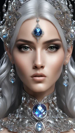 AI 3d photo realistic portrait of young woman, beautiful, shiny hard eyes, make up, Fantasy style, shiny baubles, ornate, large gemstones, shiny molten metalics, shiny wire filigree, silver hair, high definition, high res, octane render, 64k, 3d