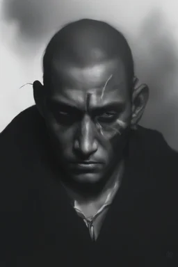 A native Indian , they but a fabric on his eye so he can not see and his arms are Handcuffed. looks miserable with bruises on his face like he has been beating sitting on a broken chair in a prison with dem light and dark prison environments , Busch painting style , sureal