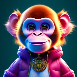 pixar style anamorphic cute monkey baby, smiling,gangsta gold neckless, full body, magenta puffer jacket, manila city backdrop, dramatic lighting, hyper realistic, unreal engine 5, 16k. full detailed