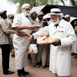 Colonel sanders handing out food for humanitarian aid