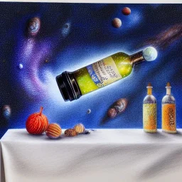 high-quality, fine-detail universe with milkyway in a bottle on a tablecloth, melted crayon drawing, artwork, 8k, intricate, detailed, illustration, brian froud, howard lyon, george grie, ben goossens, anna dittman, jeffrey robert, don marco