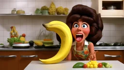 [1960’s stop-motion animation style in kitchen: she takes the banana in her mouth] a 70s banana advertisement video TV featuring the hungry jungle woman. she brings a big banana to eat in her mouth to satisfy her appetite, she is happy as a claymation character toy from a claymation horror movie in burning rainbow land, from hell, creepy Videos, eyeballs and jungle fruits everywhere , as old advertisement shot on video VHS