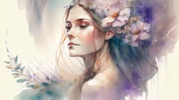 A portrait of a beautiful woman with flowers in her hair, in the style of watercolor painting, soft and dreamy colors, flowing lines, 8k resolution