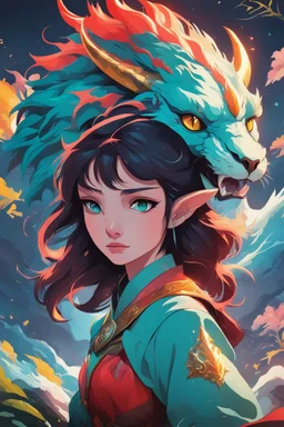 A dragon mixed with a mythical lion and a human female elf.Dramatic and powerful look and feel. Extensive attention to details. Bold lines. Vivid colors. 80s style retro anime art. Double exposure. cartoon style. cratoon style