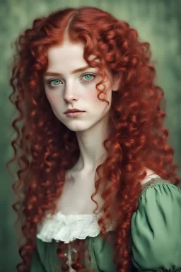 girl with green eyes, freckles, with long blood red curls, dressed in humble clothes from the 19th century