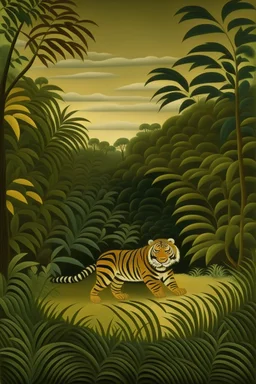 A nature guardian tiger in an olive rainforest painted by Henri Rousseau